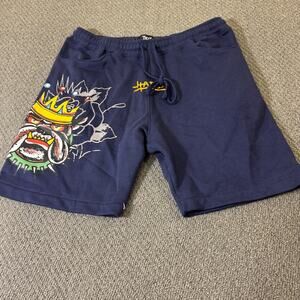 Ed Hardy Bulldog King Shorts Mens Size XL Blue Sweat-shorts Spell Out